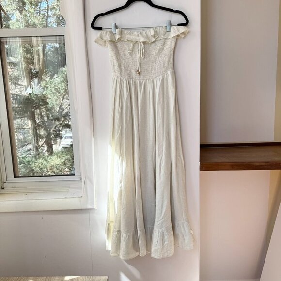 New Free People Lush Life Linen Strapless Midi Dress Ivory White - Picture 5 of 9